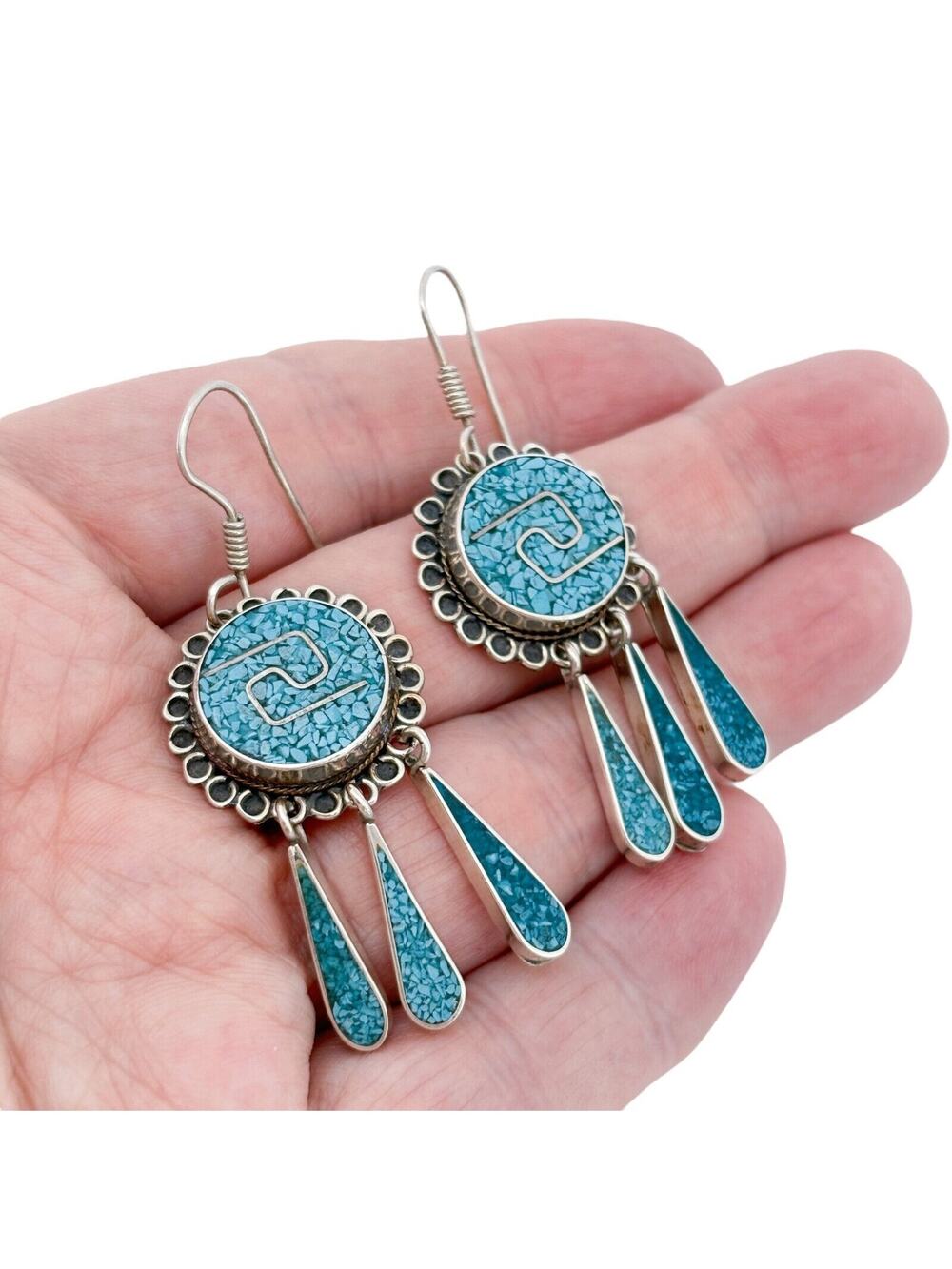 Vintage Mexico Taxco Sterling Silver 925 Turquoise Inlay Dangle Earrings